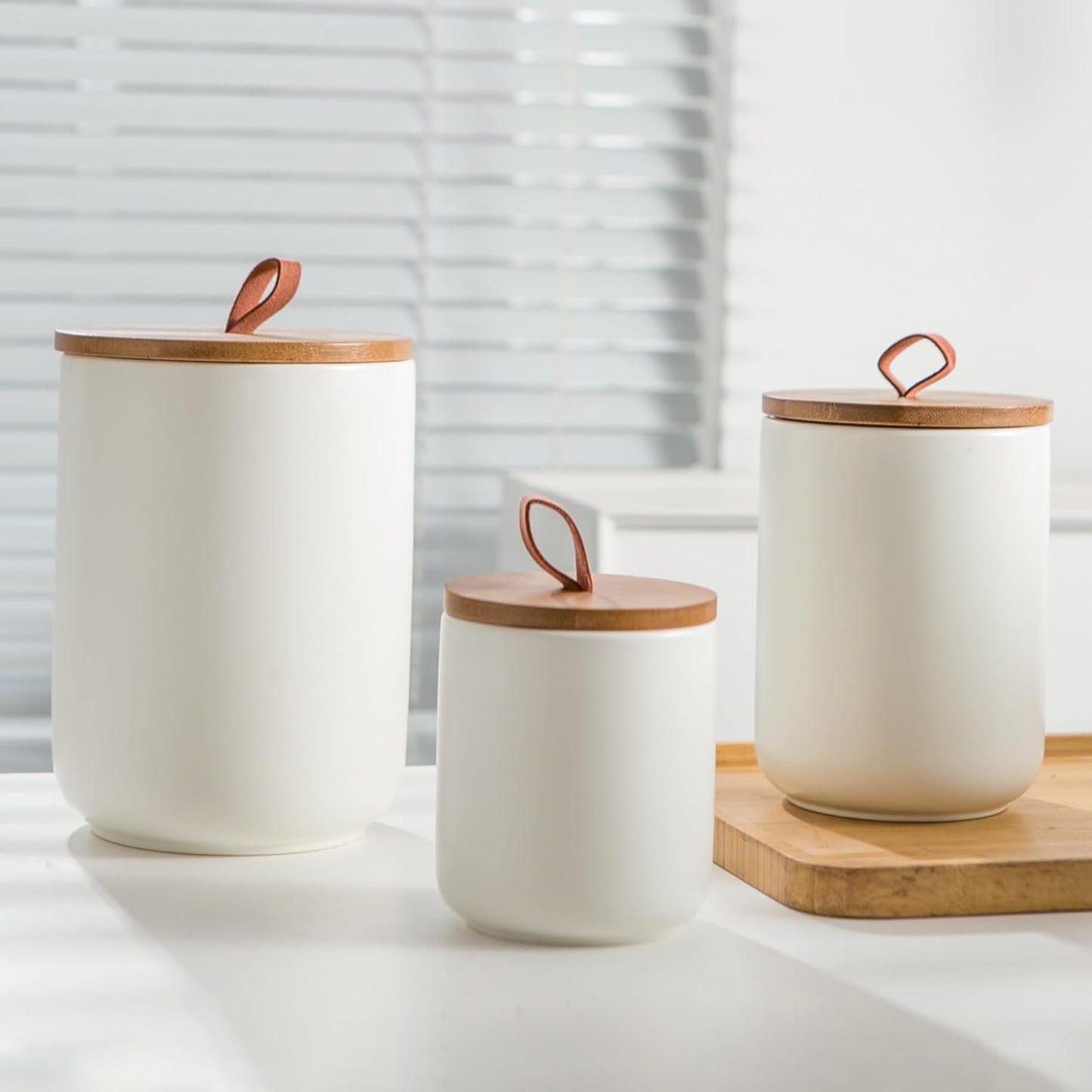 White Ceramic Canister Set with Wooden Lid, 3-Piece Food Storage Jars for Kitchen Counter, Storage Container for Coffee, Tea, Spice, Sugar, Grains, Salt