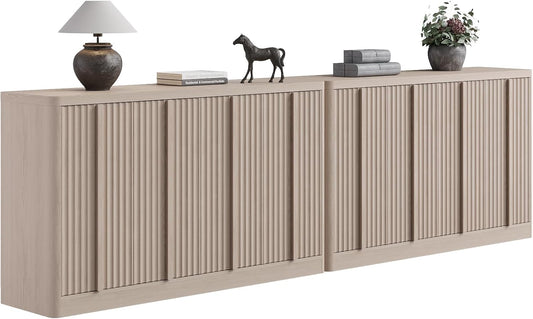 Fluted Buffet Cabinet with Storage, 120" Sideboard Buffet Storage Cabinet with 8 Doors & Solid Wood Handle, Coffee Bar Wood Credenza Cabinet for Kitchen, Dining Room, Living Room, Natural Oak(2PCS)