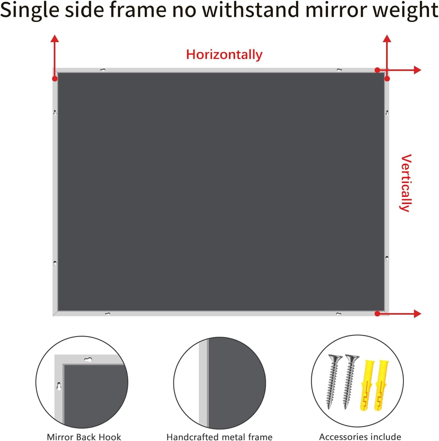 Silver Bathroom Mirror for Wall, 30x36 Inch Rectangle with Metal Frame, Modern Vanity for Bathroom Living Room, Entryway Hangs Horizontal or Vertical