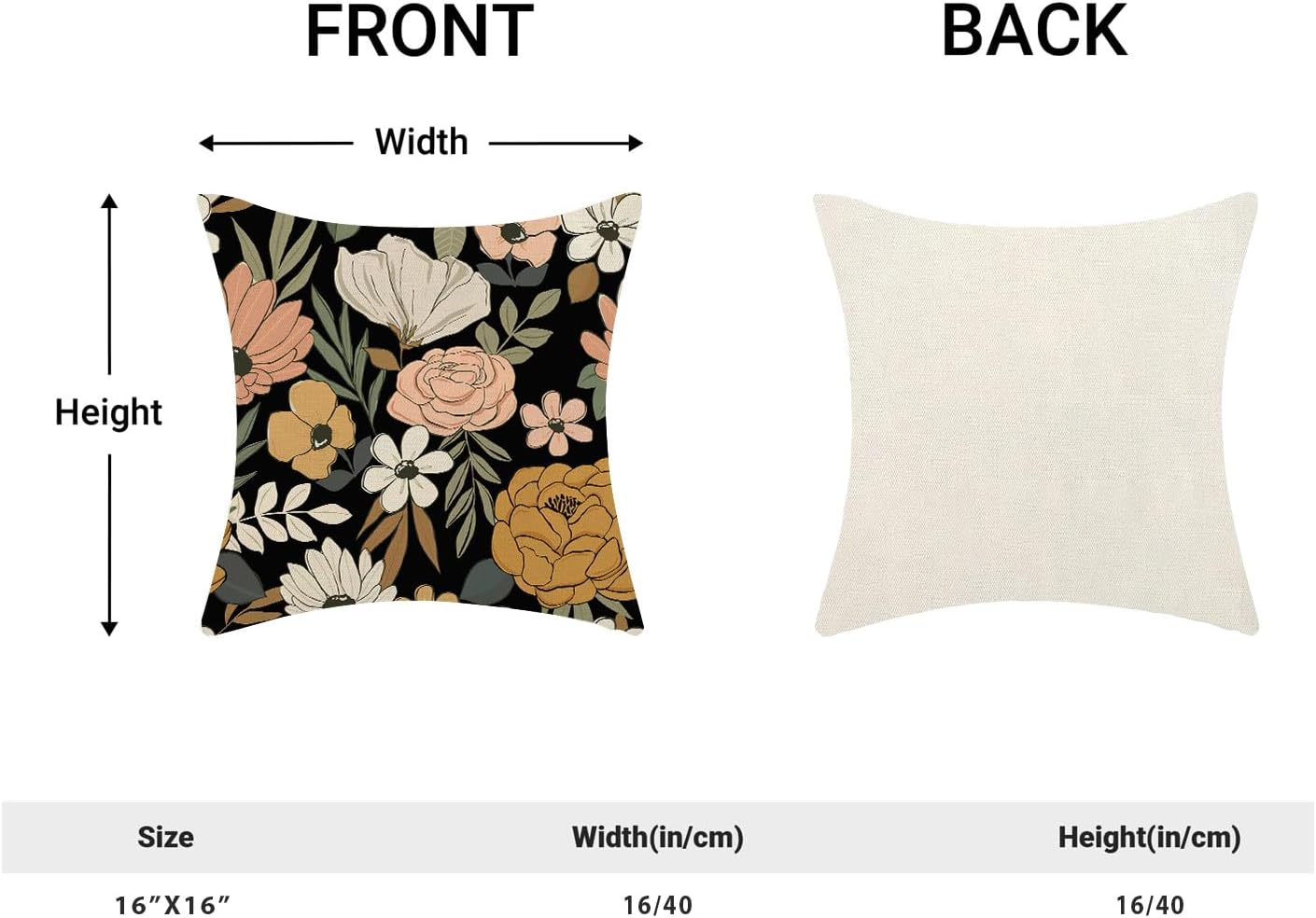 CXMEIFLY Spring Floral Pillow Covers 16 x 16 Inch Set of 2 for Vintage Pink Mustard Yellow Cream Flowers Decor Throw Pillows Plant Black Outdoor Decorative Cushion Cases for Couch Bed Decorations