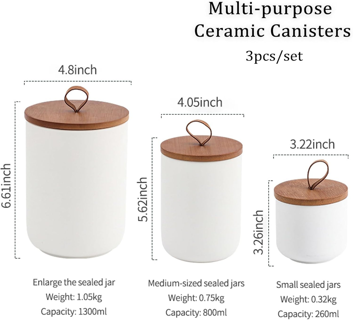 YYW Kitchen Canister Set for Countertop Set of 3, 9/28/45 oz Ceramic Food Storage Containers with Airtight Wood Lids, Food Saver Jars for Coffee, Tea, Candy, Flour(Three-piece suit in white)