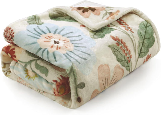 Lahome Floral Beige Soft Throw Blanket for Bed，Spring Botanical Aesthetic Blankets for Women Cute, Thick Warm Cozy Throws for Girls Sofa Chair Home Decor, Beige 50''x60''