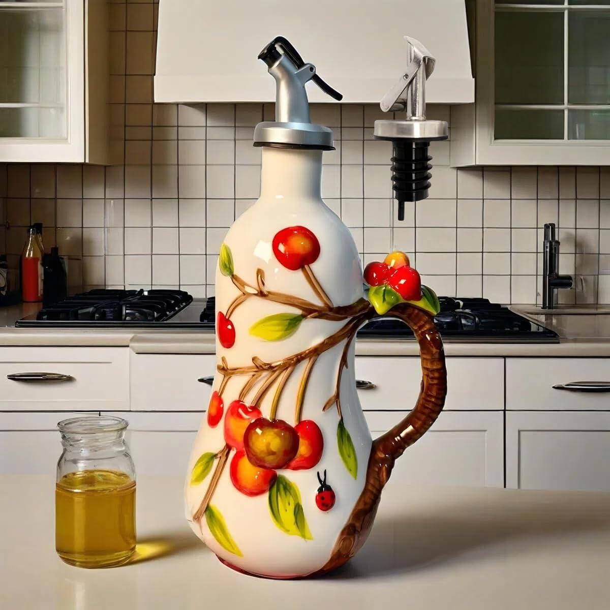 18 Oz Hand Painted Relief Ceramic Olive Oil Bottle Dispenser for Kitchen, Oil and Vinegar Bottle, Seasoning Bottle with Stainless Steel Nozzle, 540mL Oil Container with Handle for Cooking, Light Proof