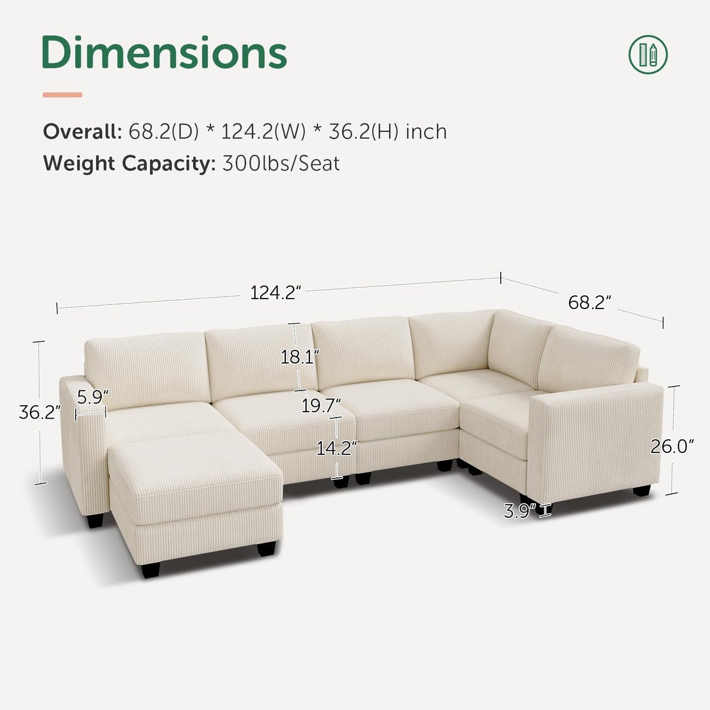 HONBAY U-Shaped Corduroy Sectional Couch with 6 Seaters Modular Sectional Sofa with Storage Ottoman Sectional Couches for Living Room, Beige