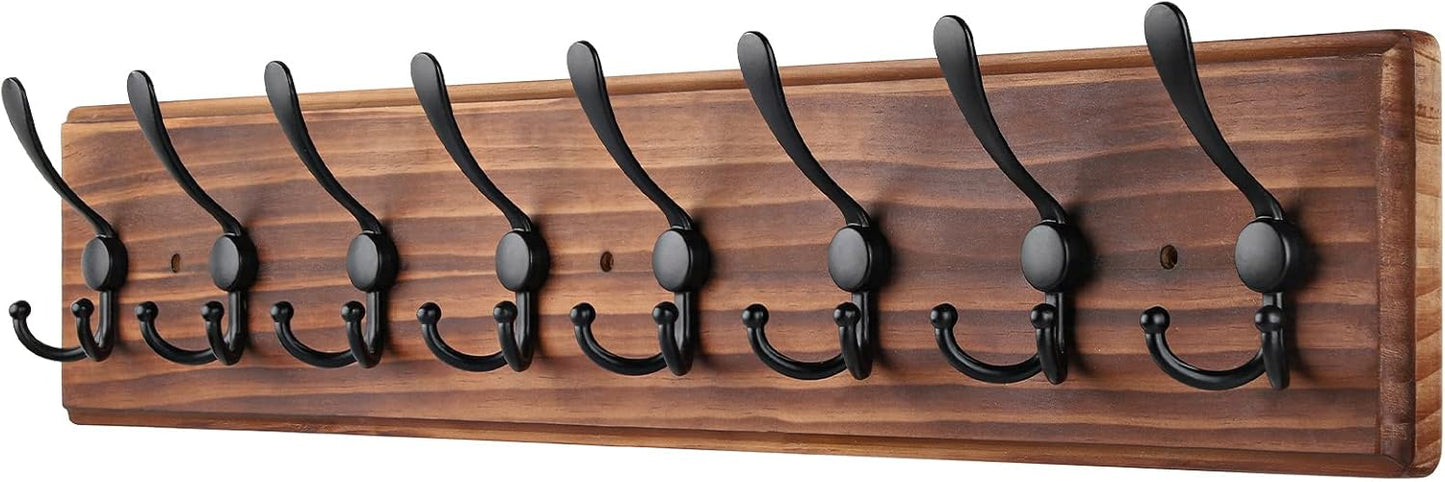 Coat Rack Wall Mount, Wooden Heavy Duty Coat Rack for Wall,8 Triple Coat Hanger Hooks for Hanging Coats,Jacket,Hat,Clothes (Brown, 8 Hooks)