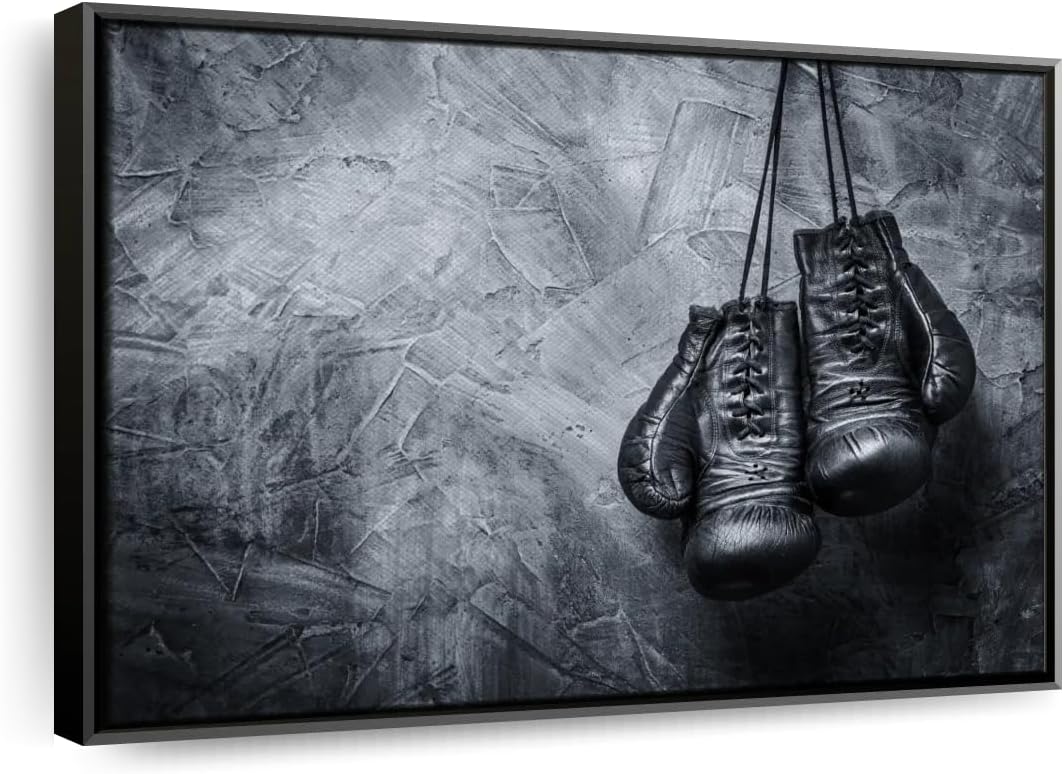 ElephantStock Boxing Gloves Wall Art - Horizontal Framed Canvas - 1-Piece Living Room Wall Decor - Photography Sports Canvas Print - Black and Gray Decor for Wall - 25" X 17"