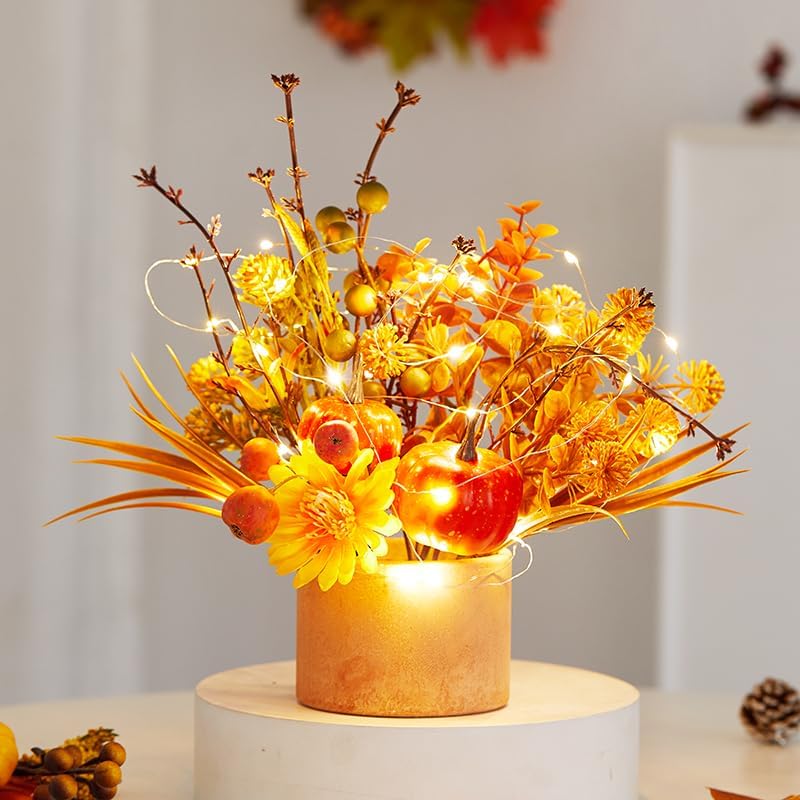 Thanksgiving Centerpiece Fall Table Flower - 2 Pack Lighted Realistic Artificial Table Plant with Western Modern Boho Rustic Aesthetic Bouquet Fall Decor Gift for Home Farmhouse
