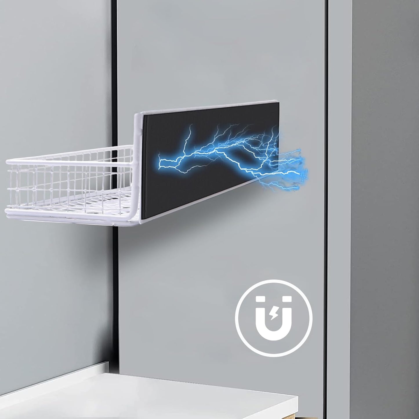 Magnetic Shelf for Fridge Magnetic Basket Organizer Wire Mesh Magnetic Holder Magnet Shelf Accessories for Office Kitchen Classroom Storage,White, 13.77" x 5.11" x 1.7"