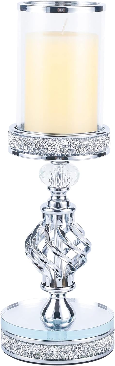 Hanjue Crystal Candle Holders for Pillar Candle, Metal Crystal Candle Holder for Home Decor, Centerpieces, Coffee Dining Table CH0509 (Silver (M))