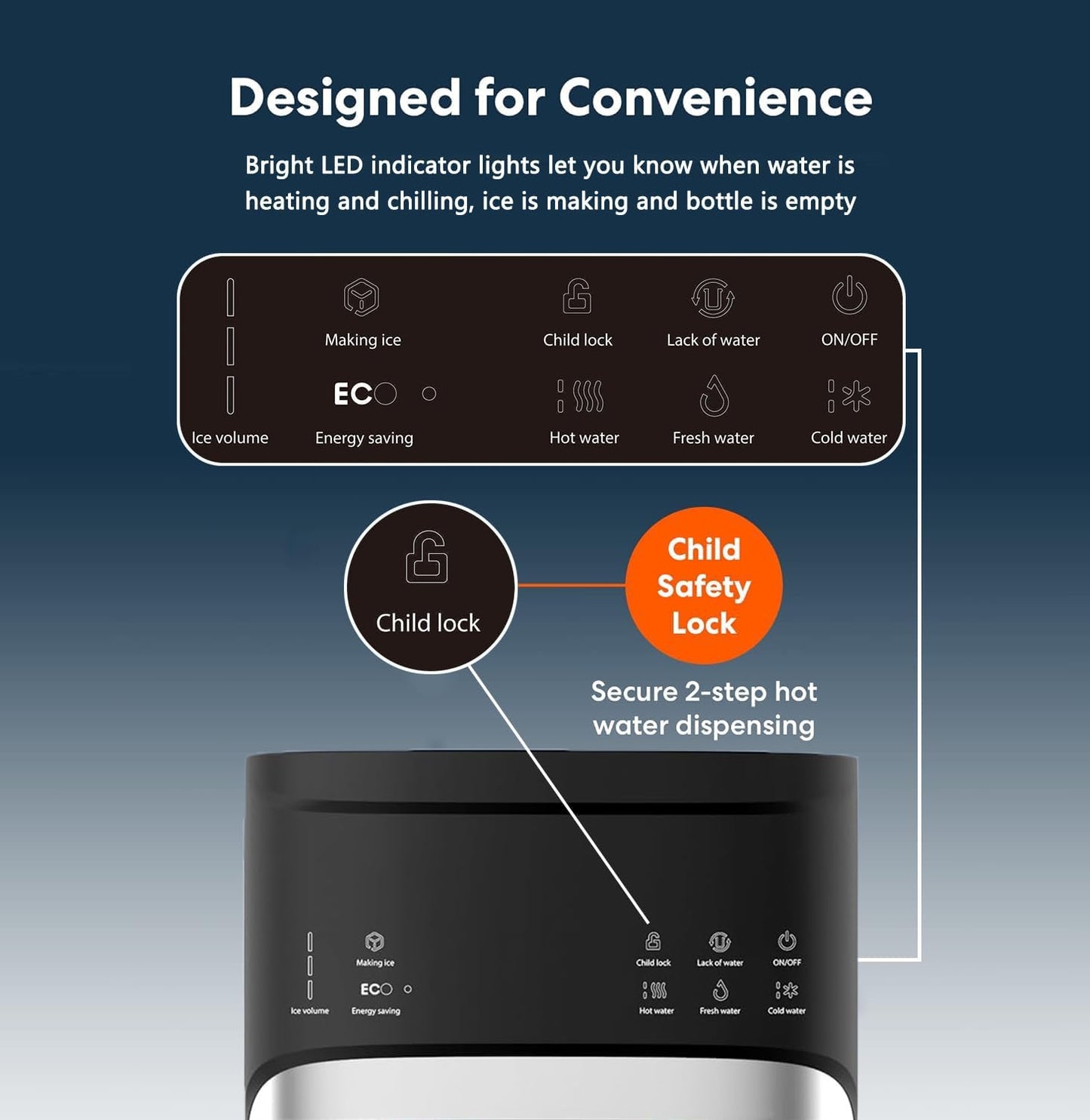 Self Cleaning Hot and Cold Bottom Load Water Cooler Dispenser with Ice Maker for 5 Gallon 3 Temperature Settings 22lbs Daily Capacity Black