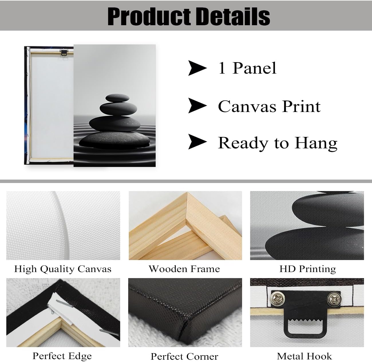 DOARTDO Zen Stone Canvas Wall Art Black and White Spa Stones Picture Print Modern Meditation Spirit Bathroom Decor Frame (28.00" x 42.00", Zen Stone - 1)