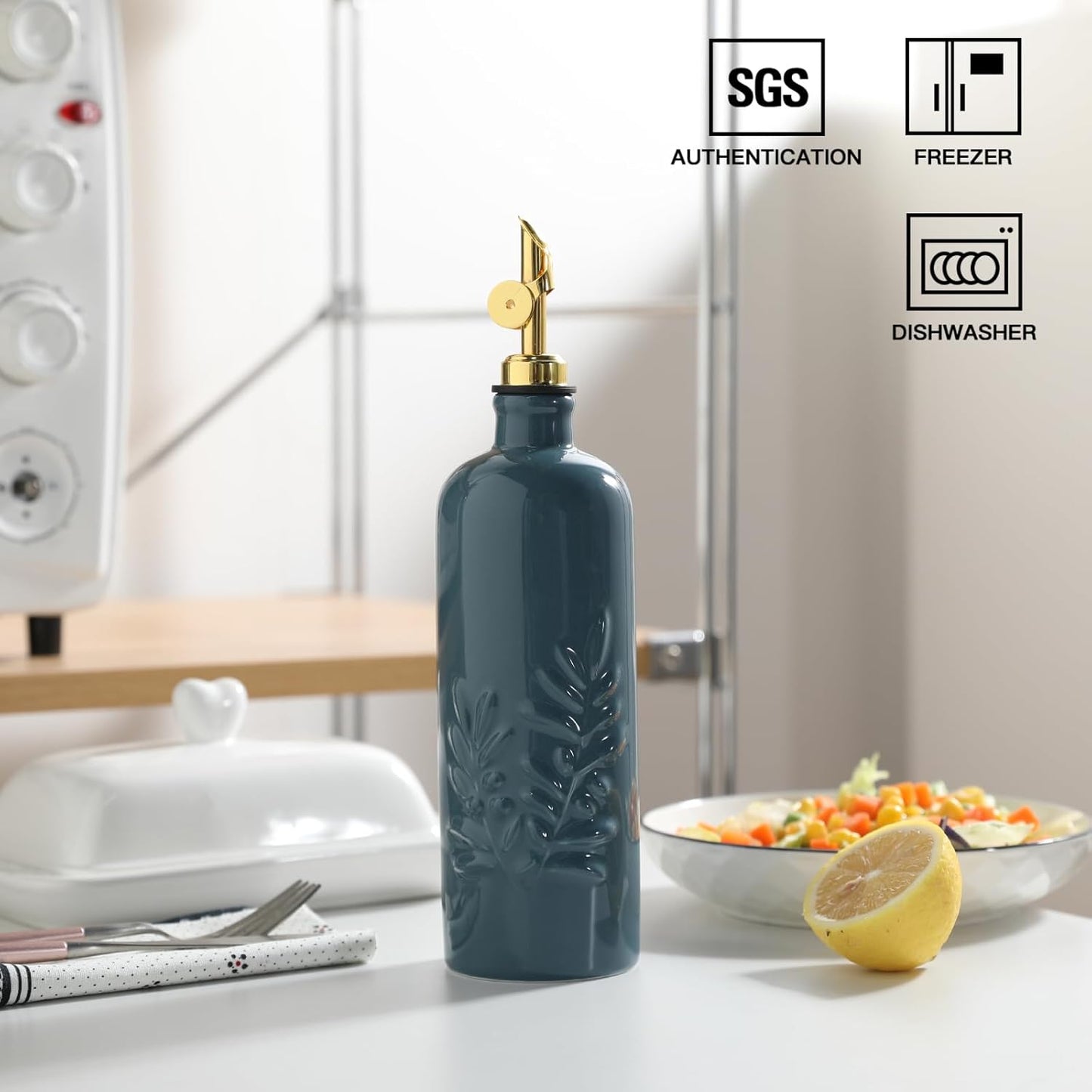 Sweejar 18 Oz Oil Dispenser for Kitchen with Gravity Spout, Ceramic Olive Oil Dispenser Bottle, Relief Opaque Vinegar Container for Evoo, Vinegar, Soy Sauce, Pack of 1(Fogbule, Gold Spout)