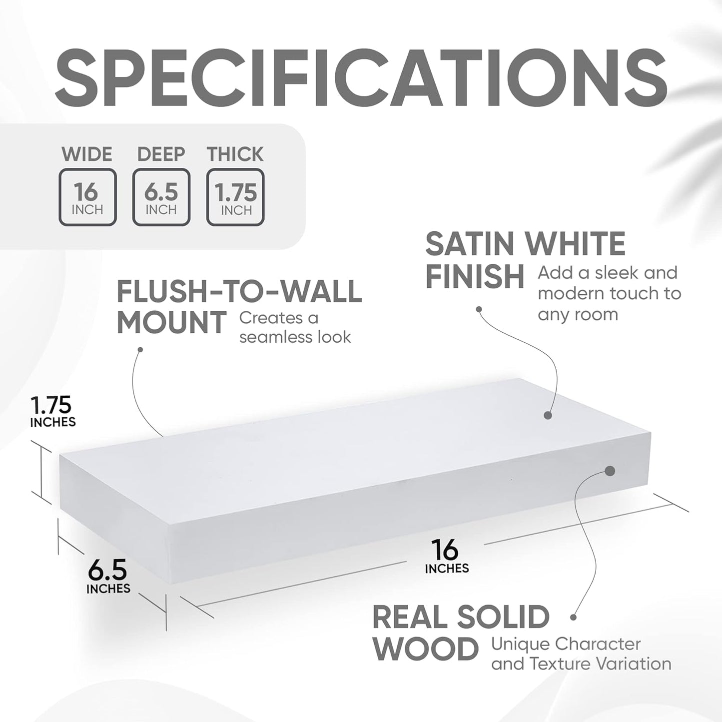 Homeforia White Floating Shelves 16 inch, High End Solid Real Wood 16inch Bathroom Floating Shelf for Wall Mounted, White Wooden 16 Floating Shelves, Heavy Duty Bracket, 16 X 6.5 X 1.75 inch, Set of 4
