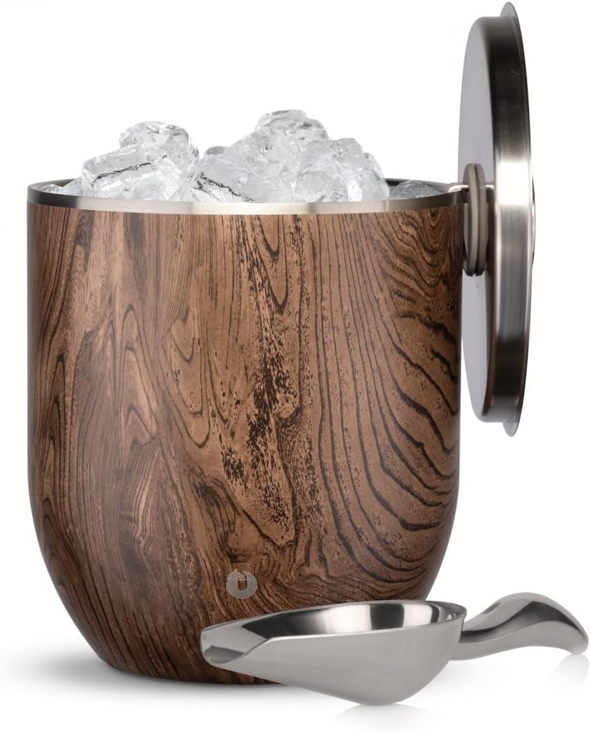 SNOWFOX Plus, Premium Vacuum Insulated Stainless Steel Ice Bucket with Lid/Scoop,Home Bar Accessories,Elegant Bartending Ice Buckets for Parties,Beautiful Outdoor Entertaining Supplies,3L,Dark Walnut