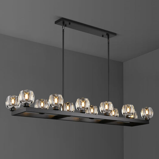 59 Inch Black Rectangle Wagon Wheel Chandeliers, Black Chandelier for Dining Room Over Table, Modern Crystal Long Chandelier, Farmhouse Large Linear Chandeliers for Kitchen Island