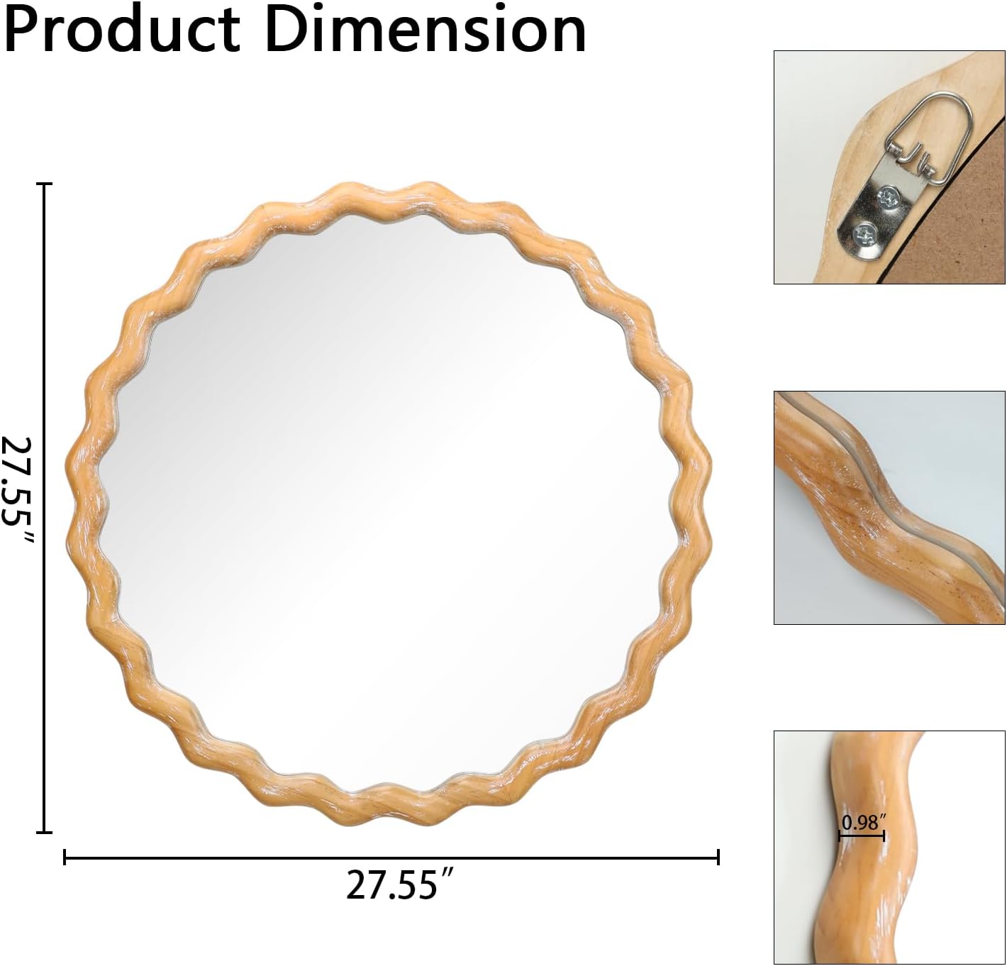 Wavy Mirror 27.5x27.5 Inch, Decorative Bathroom Mirror with Natural Wood Frame, Entry Way Mirrors for Wall, Shatterproof Glass, Mirrors for Wall Decor