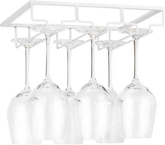 Wine Glass Rack - Under Cabinet Stemware Wine Glass Holder Glasses Storage Hanger Metal Organizer for Bar Kitchen White