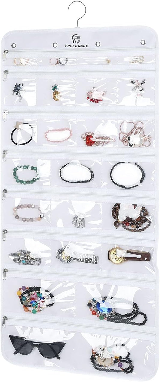 Freegrace Hanging Jewelry Organizer Revolving Hanger - Secure Zipper Closure - 50 Pockets - Foldable Storage & Display Solution - For All Jewelry & Bijoux (White)