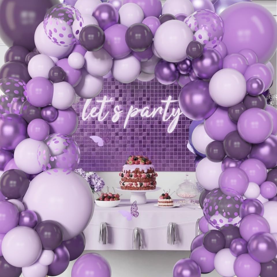 Amandir 153pcs Purple Balloon Garland Arch Kit, Different Sizes 18 12 10 5 inch Lavender Latex Metallic Confetti Purple Balloons for Girls Women Wedding Birthday Baby Shower Party Decorations Supplies