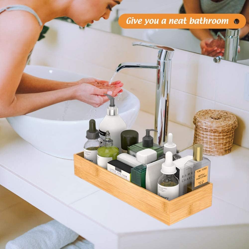 Bathroom Vanity Tray Organizer Bamboo, Small Wood Tray for Bathroom Counter Kicthen Drawer, Rectangular Toilet Paper Storage Basket Box, Guest Sink Tray Decor, Bathroom Accessories 15" x 6" x 2.5"