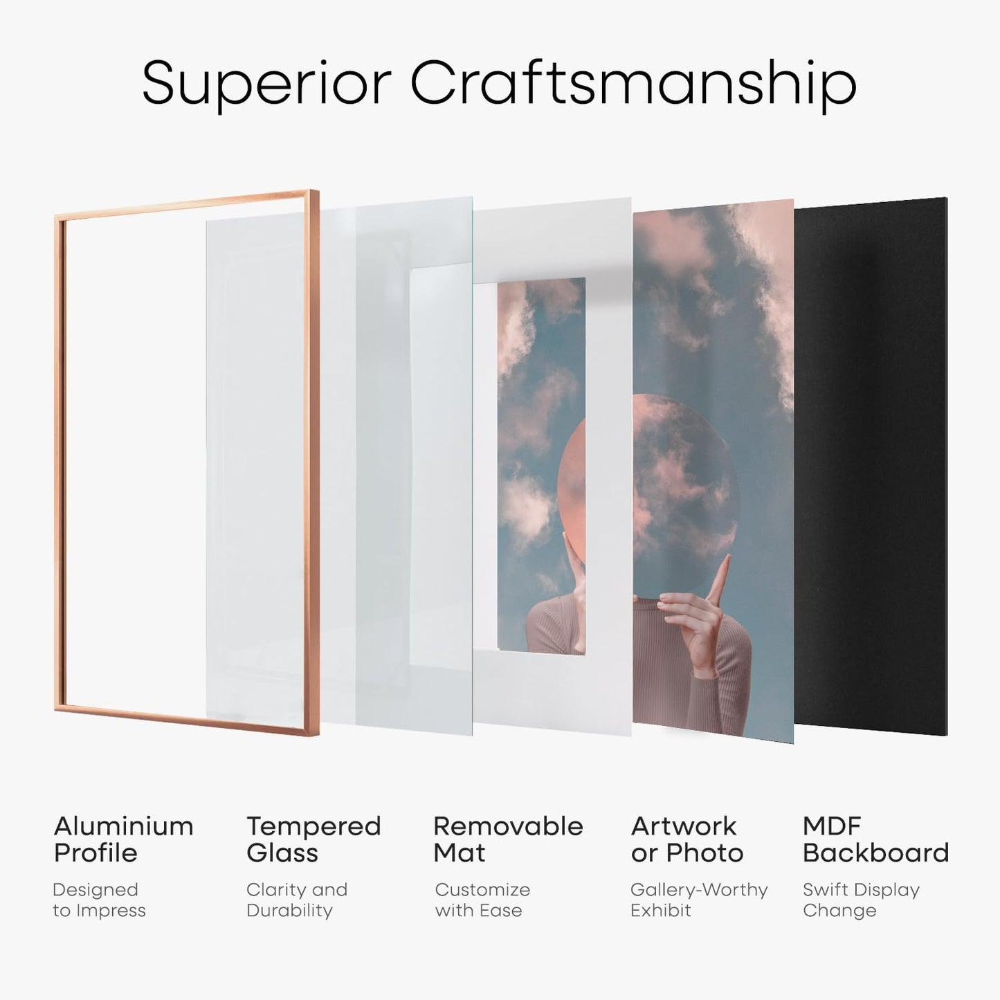 Homeforia A4 Picture Frame Rose Gold, High End Metal 8.3 x 11.7 inch Poster Frames with Mat 5.8 by 8.3 Art, A4 Size Frames Matted to A5 Photo, 8.3x11.7 Wall or Tabletop Frame, Tempered Glass, Set of 1