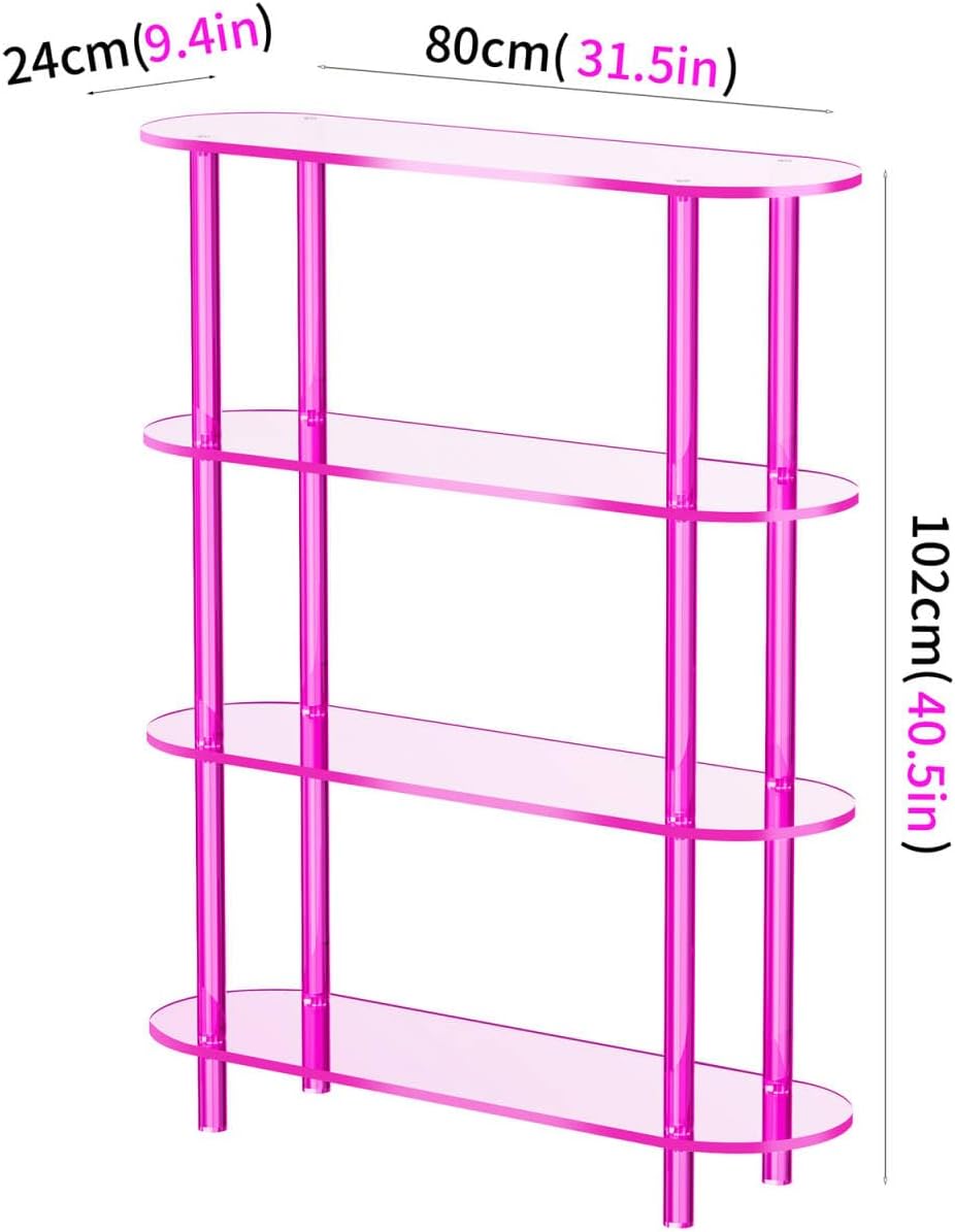 Clear Bookshelf, Acrylic Bookcase with Open Book Shelf Console Table for Entryway Office (4 Tier Pink)