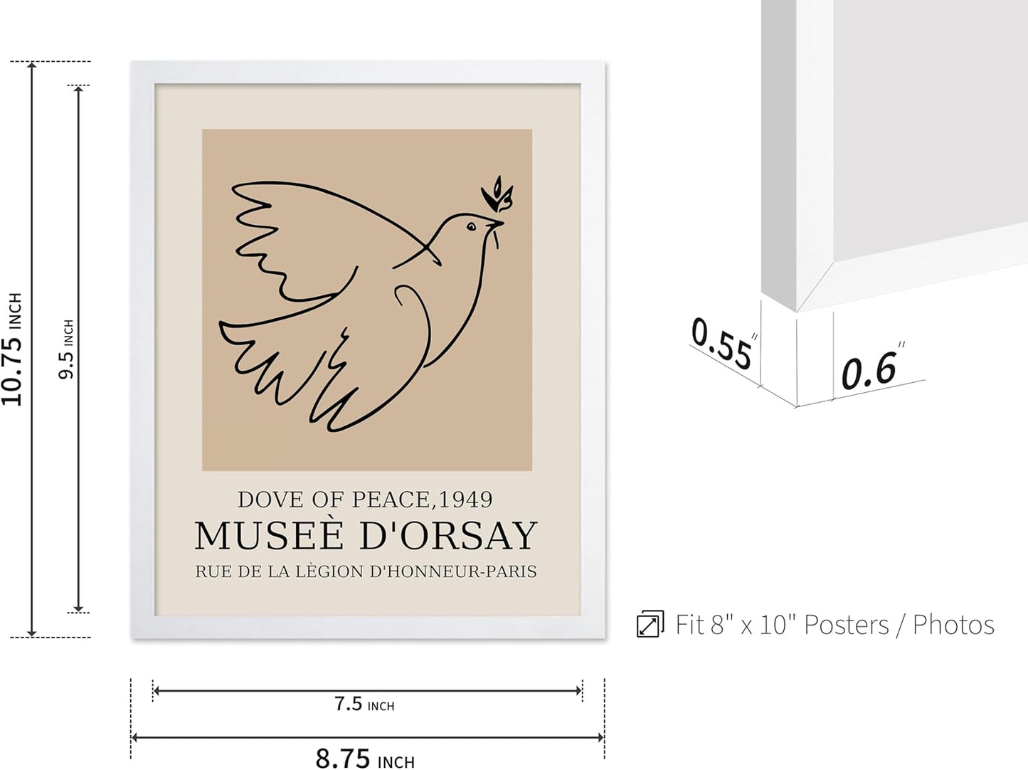 Poster Master Vintage Poster - Retro Minimalist Print - Gift for Artist, Friend - Dove Of Peace, Line Drawing, Sketch, Abstract - Wall Decor for Living Room, Bedroom, 8x10 White Framed