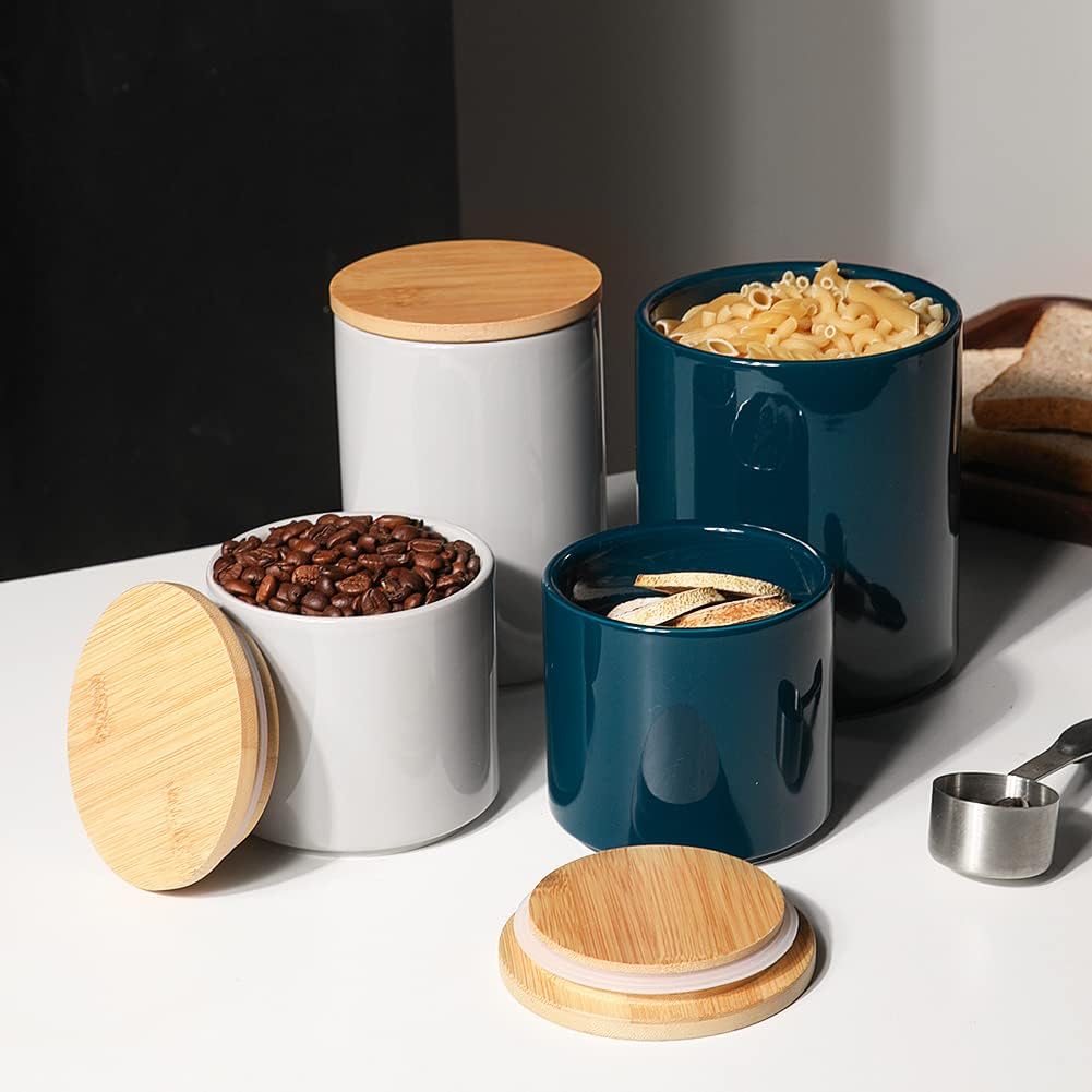 Sweejar Ceramic Kitchen Canister Sets, Porcelain Container for Countertop, Heavy Food Storage Jars with Airthight Seal Bamboo Lid, Servering for Sugar, Coffee Beans, Tea Leaves, Pack of 4（Gray）