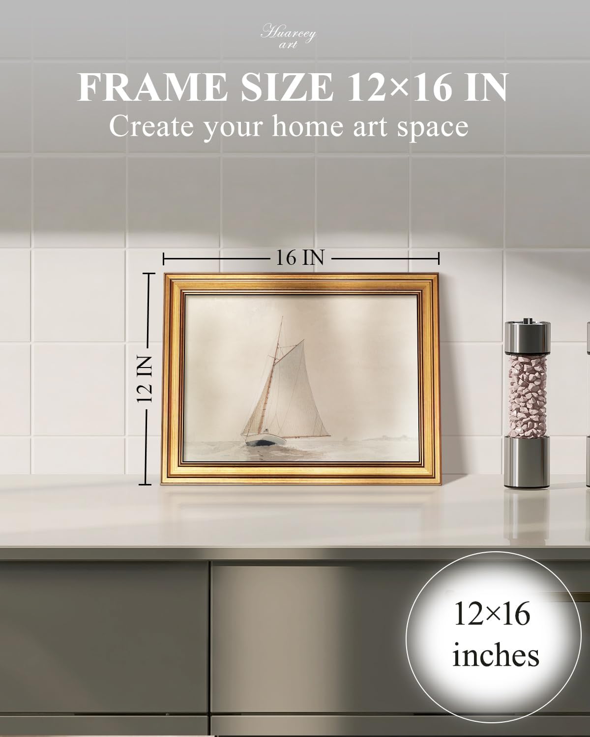 HUARCEY Gold Framed Vintage Wall Art for Living Room, Seaview Painting Prints Shelf Decor for Kitchen, Aesthetic Bedroom Wall Art, Christmas Gifts for Friends or Family (White Sailboat - 12"x16")
