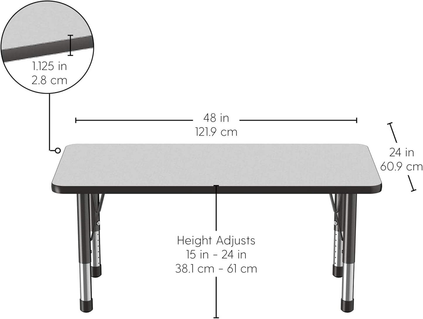 FDP Rectangle Activity School and Kids Classroom Table (24 x 48 inch), Toddler Legs, Adjustable Height 15-24 inches - Gray Top and Black Edge