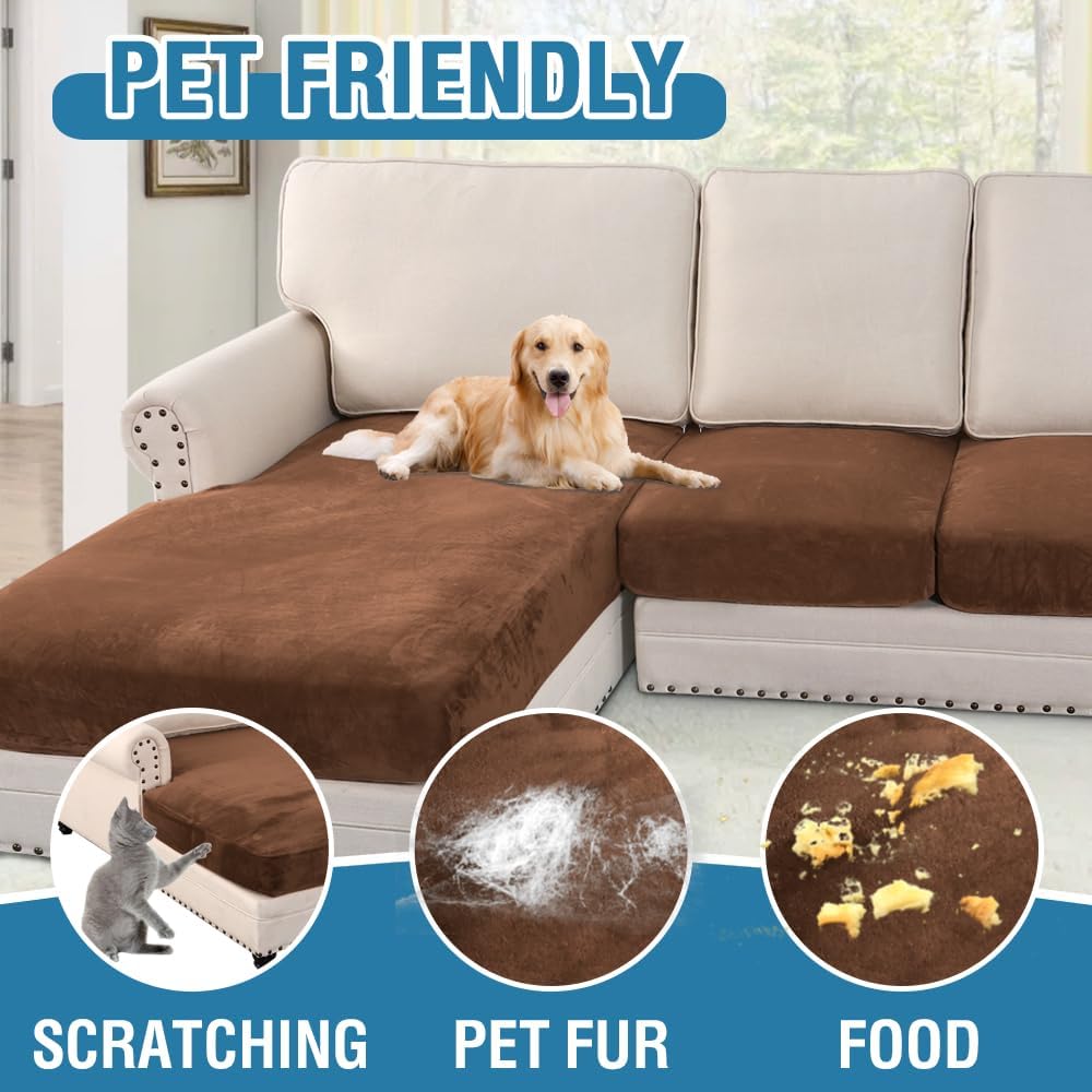 H.VERSAILTEX Velvet Stretch Sectional Couch Covers 4 Pieces Sofa Seat Cushion Covers L Shape Separate Cushion Couch Chaise Cover for Both Left/Right Couch (Large Sofa 3 Seater + 1 Chaise, Caramel)