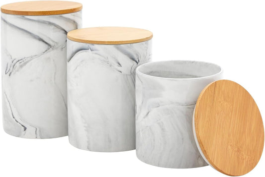 Farmlyn Creek Sugar & Coffee Container Set 3-Piece - White Marble Finish Ceramic Jar Set - Airtight Wood Lids - Ceramic Containers with Lids for Countertop Storage (5.9"/4.9"/3.9)