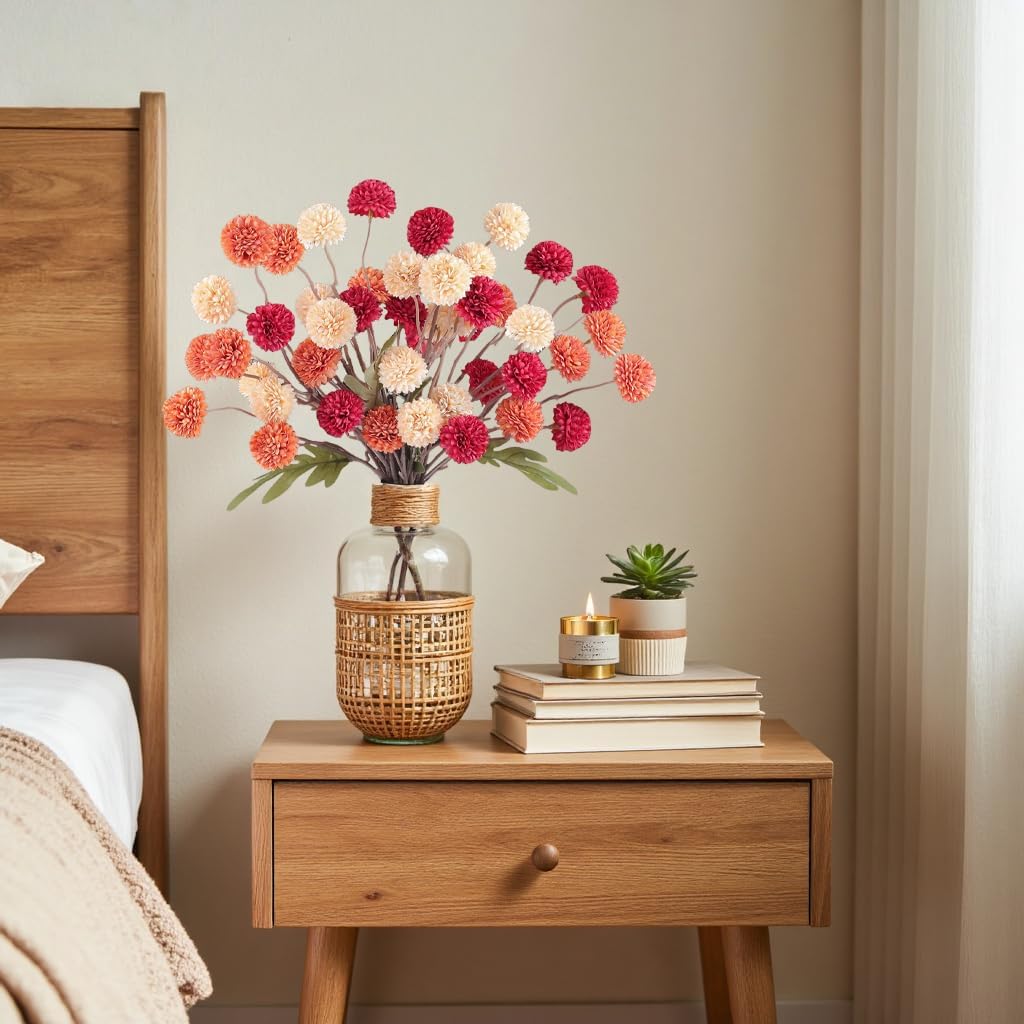 Faux Kiku Flowers Fall 10 Stems & 2 Eucalyptus, Fake Mums Pompon Flower Ball, Autumn Burnt Orange Artificial Chrysanthemums Flowers for Boho Decor, Mini Faux Kiku Flower Wedding Arrangements Decor
