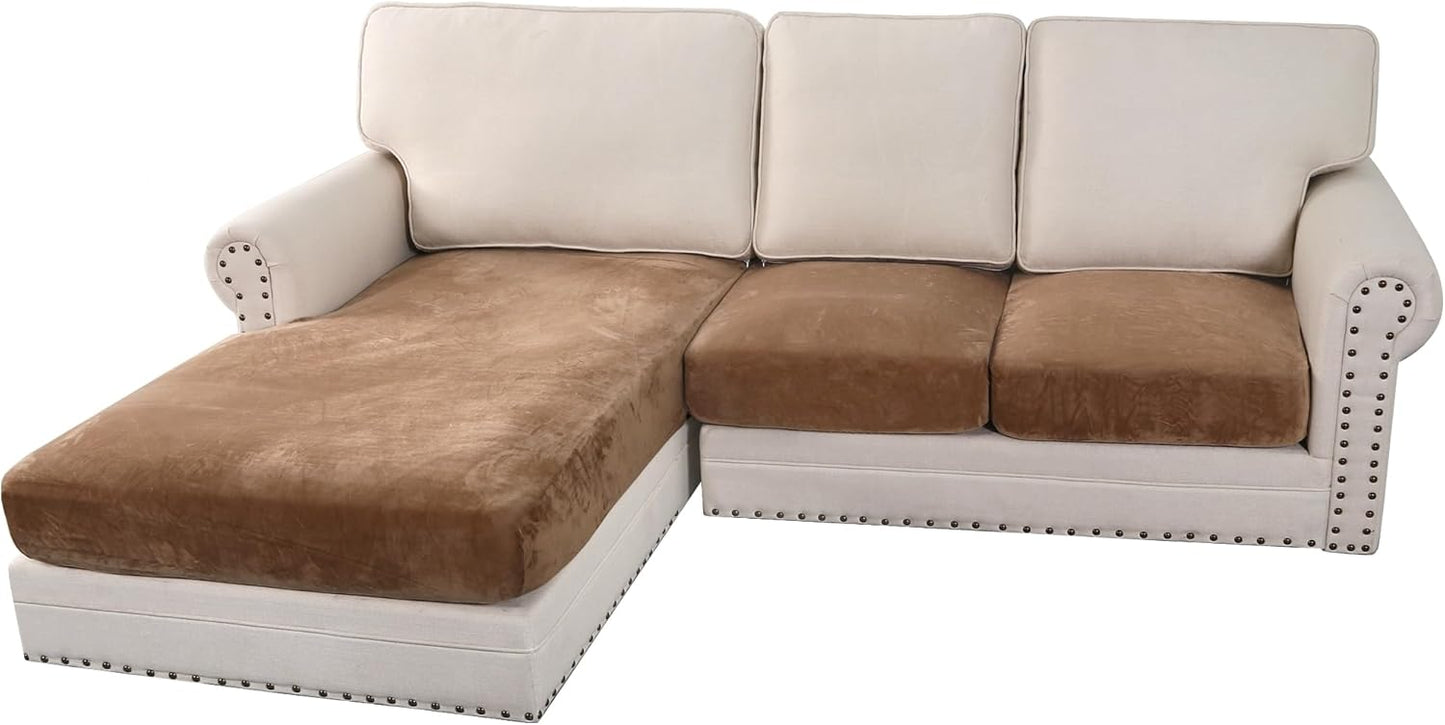 H.VERSAILTEX Velvet Stretch Sectional Couch Covers 3 Pieces Sofa Seat Cushion Covers L Shape Separate Cushion Couch Cover for Both Left/Right Sectional Couch (Large Sofa 2 Seater + 1 Chaise, Camel)