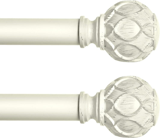 White Farmhouse Curtain Rods for Windows:Heavy Duty Adjustable Curtain Rod for Bedroom Living Room,Boho Decorative Rustic Drapery Rods with Vintage Coastal Finials,Antique White 2 Pack 66-120"