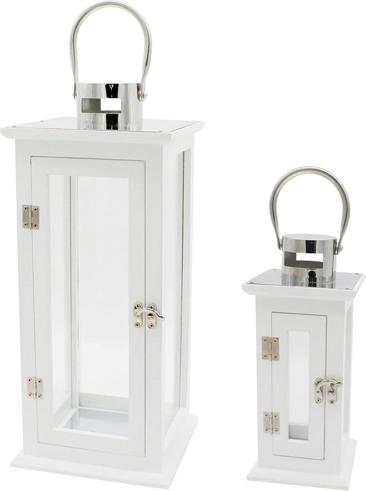 CVHOMEDECO. Decorative Elegant Wood Hurricane Candle Lantern with Stainless Top and Glass Inserts for Home Patio Outdoor Decor. White, Set of 2