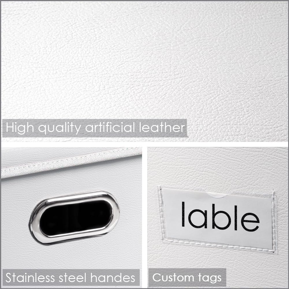 PRANDOM Collapsible Storage Box with Lid [1-Pack] Leather Fabric Foldable Storage Bin Organizer Container Basket Cube with Cover for Home Bedroom Closet Office Nursery White (22.8X15.7X11.8)