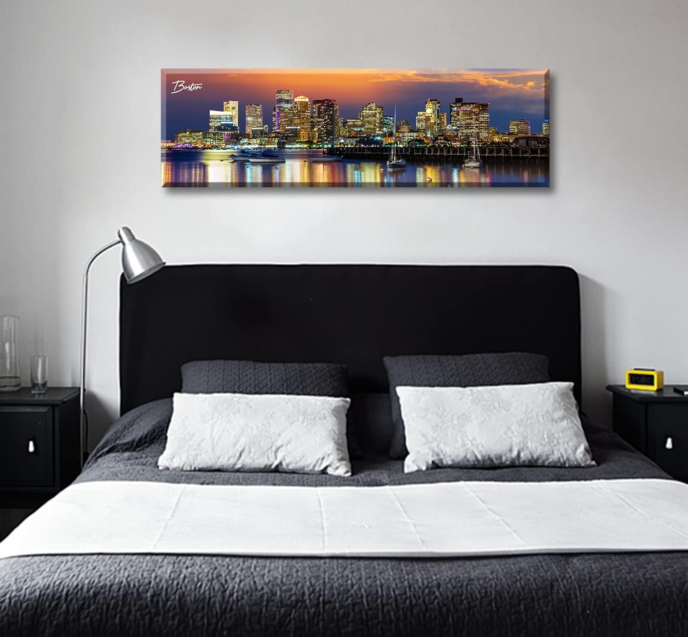 DJSYLIFE Boston Skyline Wall Art Canvas Prints Colorful USA City Night Pictures Modern Panoramic Cityscape Posters Paintings for Bedroom Office Decor, Ready to Hang 13.8"x45.3"