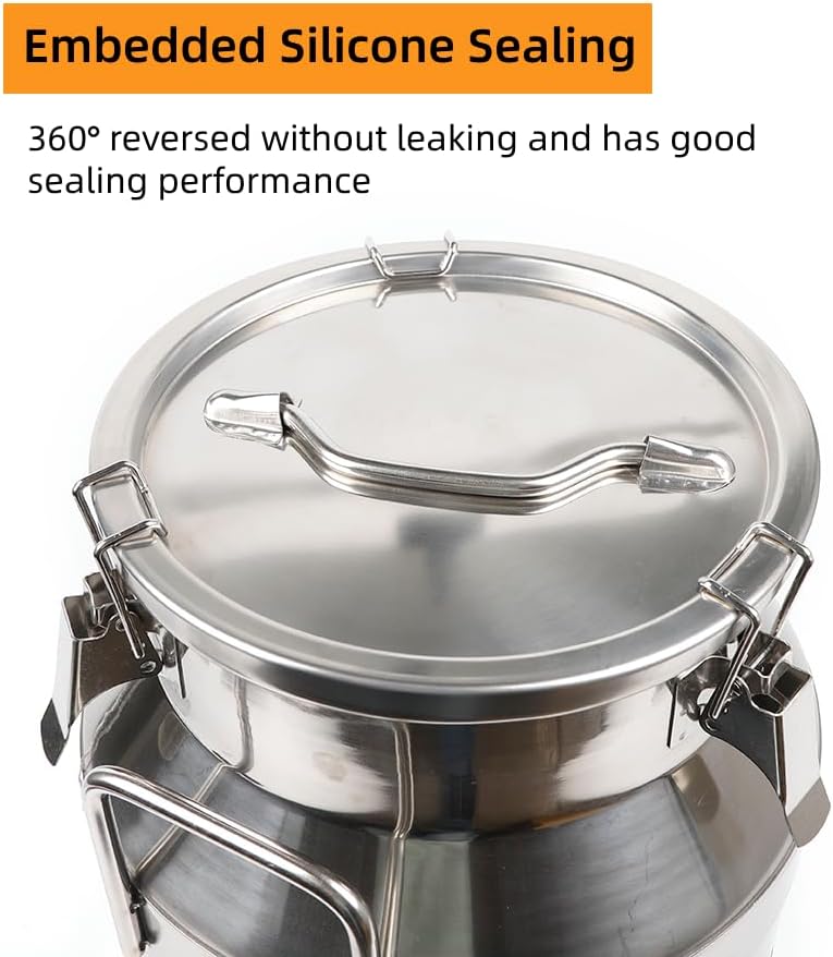 Stainless Steel Milk Can, 50L/13.2 Gallon Heavy Duty Airtight Storage Canister Milk Bucket with Lid, Embedded Silicone Milk Jug Wine Pail Water Cereals Bucket with Three Latches and Two Handles