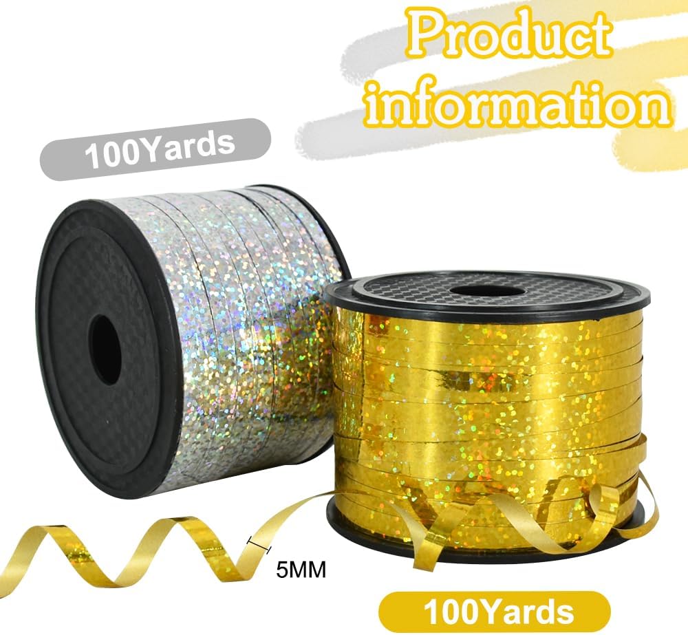 BEISHIDA 2 Pack 100 Yards Gold Silver Glitter Ribbon Balloon String Shiny Metallic for Gift Wrapping Birthday Party Festival Art Craft Decor Florist Flowers Decoration