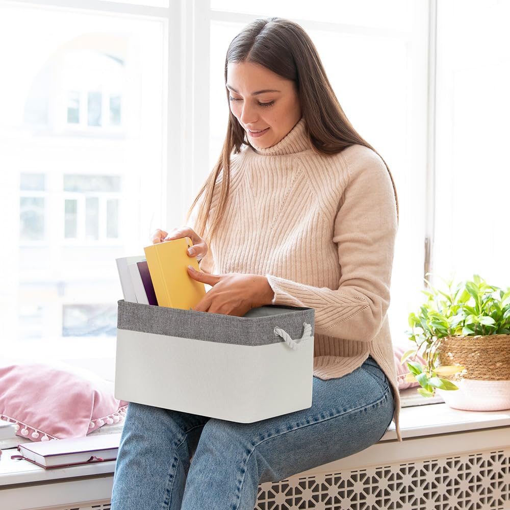 Organization and Storage Basket for Organizing - Large 4 Pack 16x12x8 inch Fabric Storage Cube Collapsible Baskets for Shelves, Storage Bins for Cloth Books (Grey & White)
