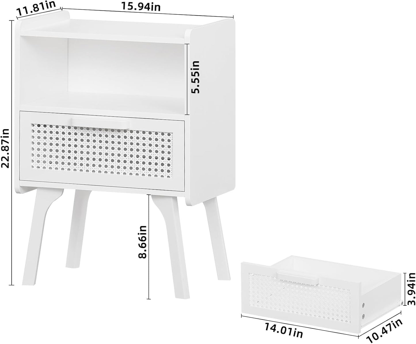 Lerliuo Rattan Nightstand, Side Table with Drawer Open Shelf, Cane Accent Bedside End Table with Solid Wood Legs, Mid Century Modern Night Stand for Bedroom, Dorm and Small Spaces (White)