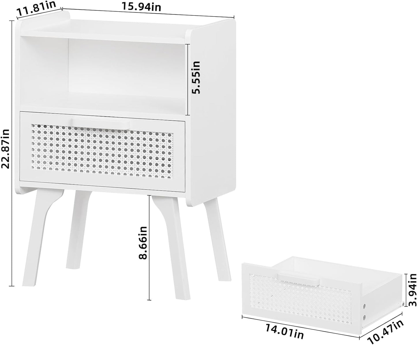 Lerliuo Rattan Nightstands Set of 2, Side Table with Drawer Open Shelf, Cane Accent Bedside End Table with Solid Wood Legs, Mid Century Modern Night Stand for Bedroom, Dorm and Small Spaces (White)