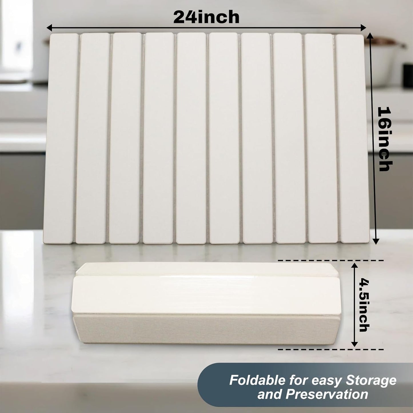 Large Stone Dish Drying Mats for Kitchen Counter, Quick Dry Absorbent Collapsible Dish Drying Mat,Diatomaceous Earth Mats for Dishes Bottles Cups,Match Any Countertop,White 24 * 16inch