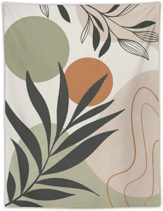 Abstract Bohemian Mid Century Tapestry, Tropical Leaves Modern Geometric Archway Minimalist Bohemian Botanical Aesthetic Wall Hanging, Sage Green Gold Home Decor Art for Bedroom 60x60 Inch