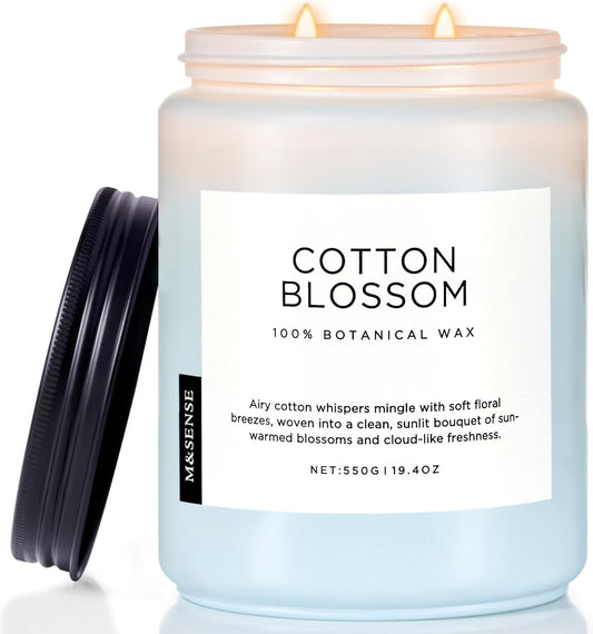 M&SENSE Clean Cotton Scented Candle - 19.4oz Natural Soy Wax Clean Cotton Blossom Scent Non Toxic Candle, 110-Hour Slow Burning 2-Wick Aromatherapy Home Fragrance Gifts for Home Decor