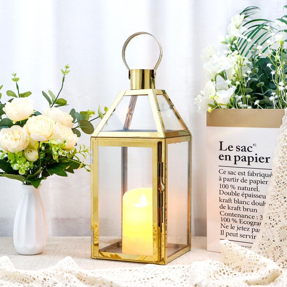 JHY Design Gold Decorative Lanterns 16" H Stainless Steel Candle Lanterns with Tempered Glass for Indoor Outdoor Events Parities and Weddings