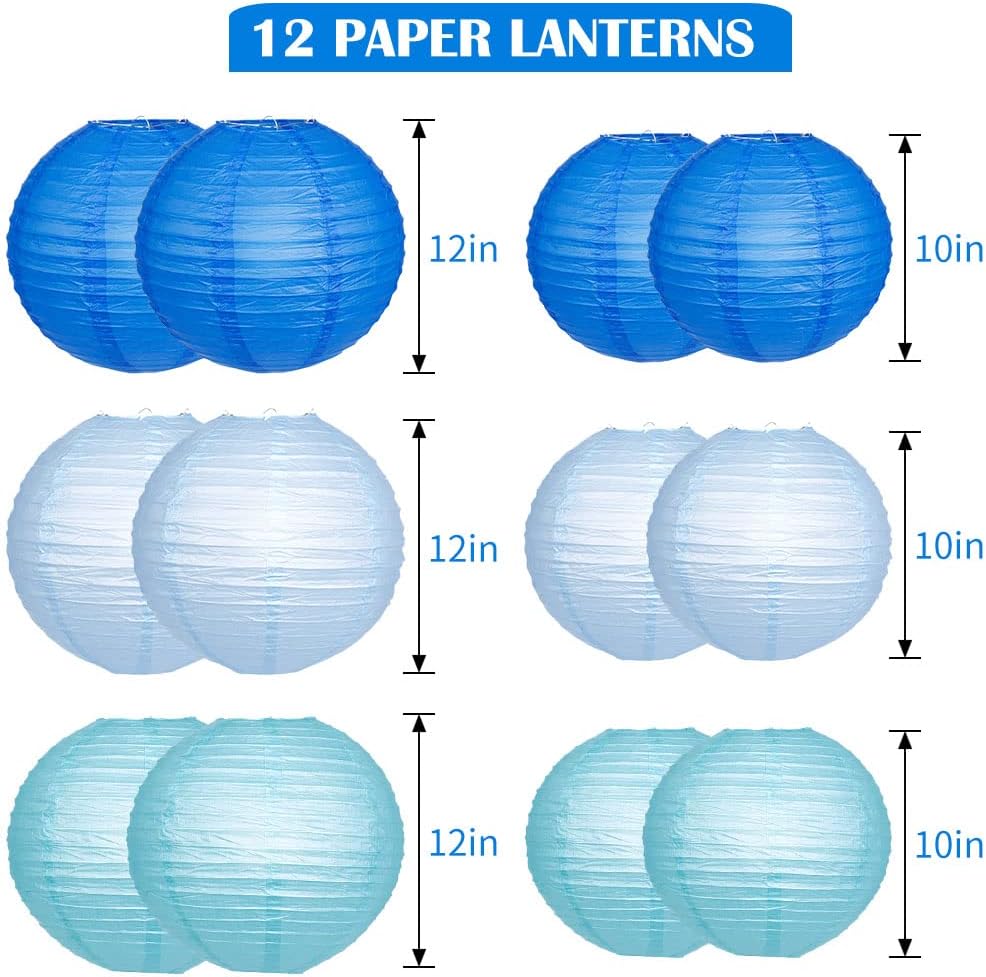 Paper Lanterns Decorative, Blue Hanging Paper Round Chinese Lanterns with Lights for Wedding Graduation Birthday Party 12 LED Light Pack of 12