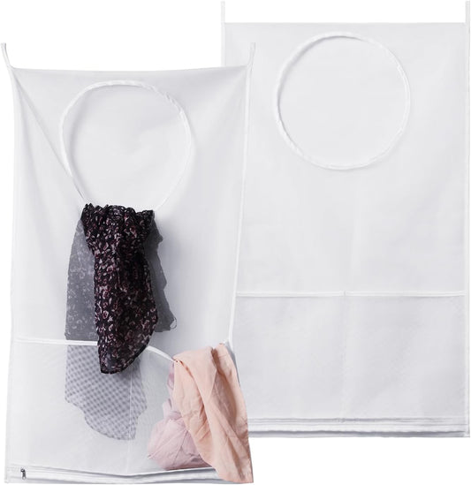 Saves Space Door-Hanging Laundry Bag,Door Hanging Laundry Hamper with 2 Different Types of Hooks, Polyester Fabric Hanging Laundry Basket for Clothes Size 22"X37" -2 Pack White