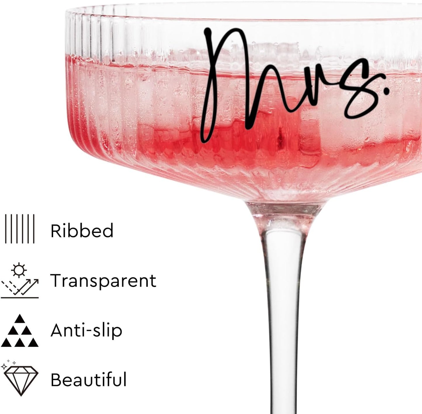 Ribbed Coupe Glasses for Anniversary Engagement Wedding Bridal Shower Gifts for Couple, Crystal Martini Glasses Set of 2, 10 Oz Vintage Wedding Mr and Mrs Champagne Flutes, Margarita Cocktail Glasses